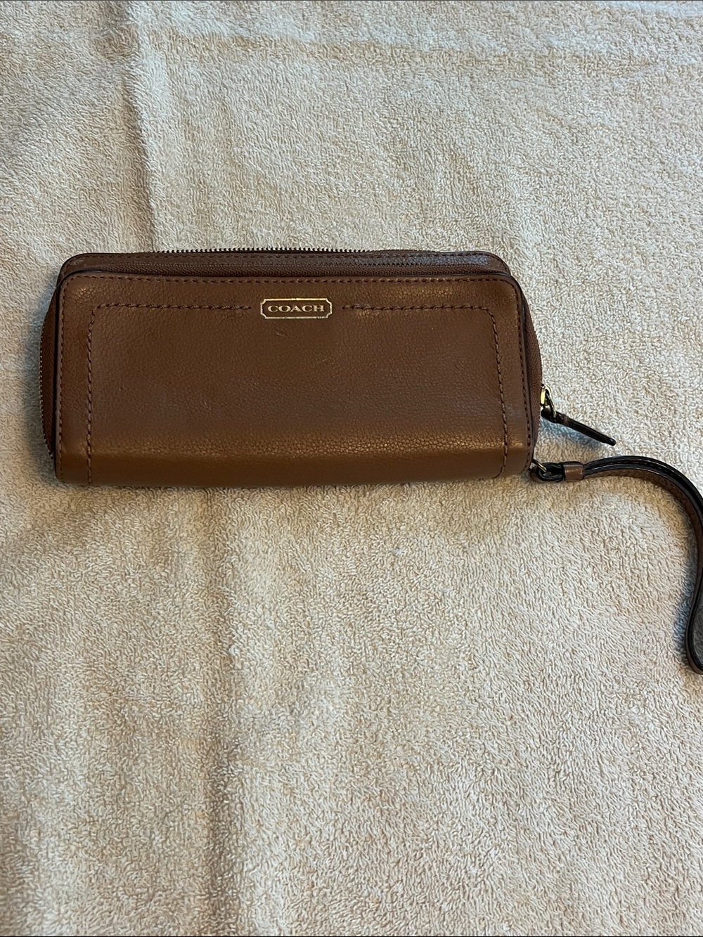 Coach Brown Leather Zip Wristlet with Gold Logo